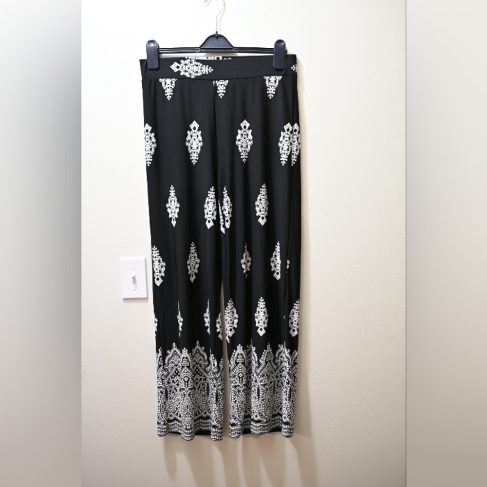 Black White Medallion Wide Leg Stretch Boho Palazzo Pants Lagenlook Petite M